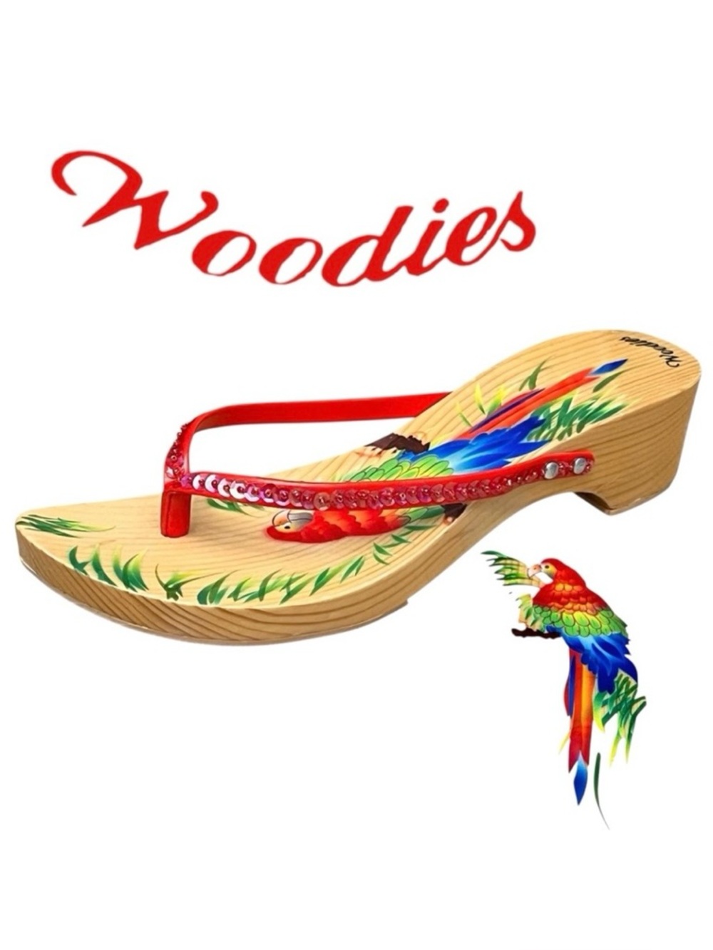 Woodies Sandals Tropical Parrot Hand Paint Leather Sequin Strap Rubber/Sole Sz 9